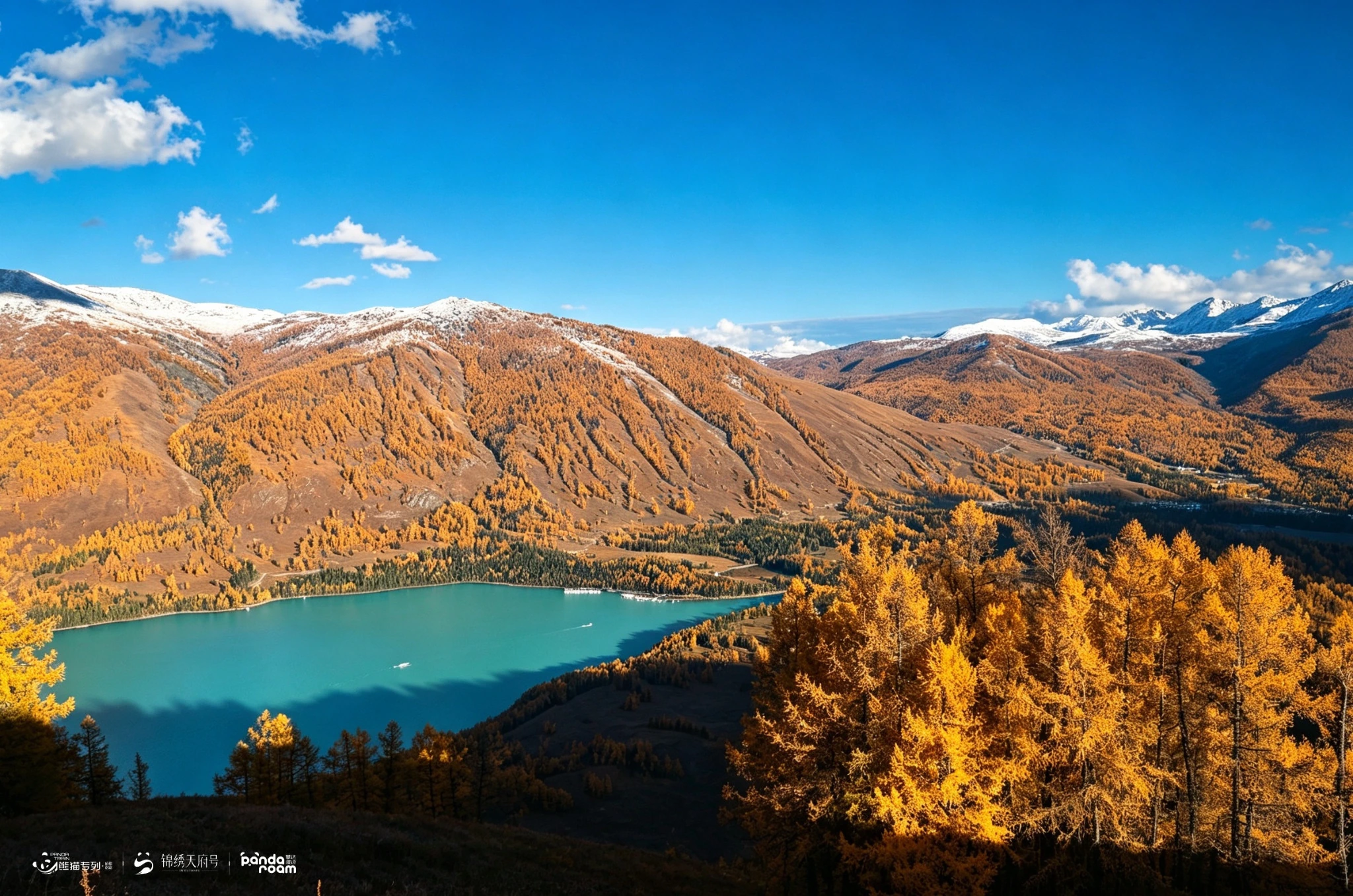 Kanas Lake below golden slopes and distant snow-tipped mountains