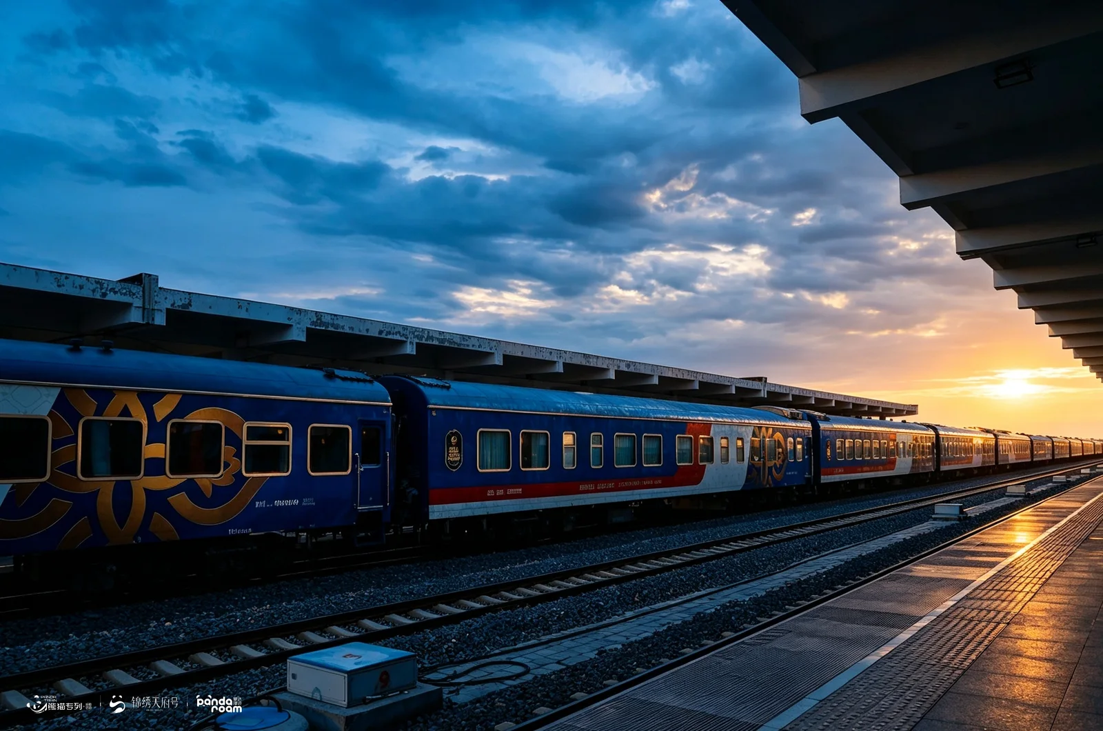 Jinxiu Tianfu train beside a station platform at sunset