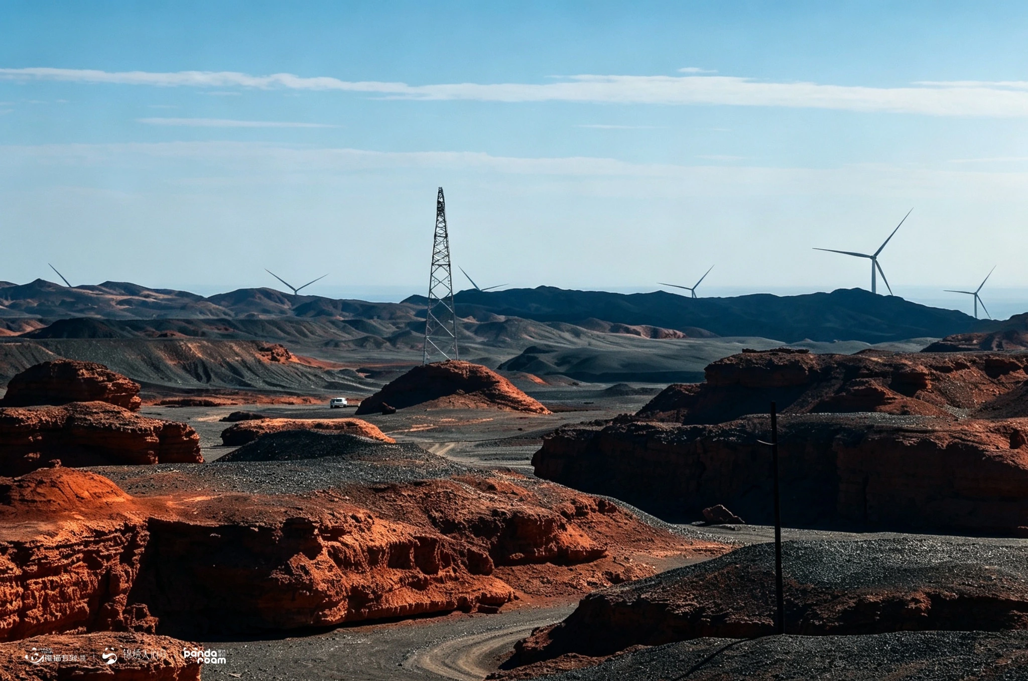 Red and dark rock formations with wind turbines on the horizon