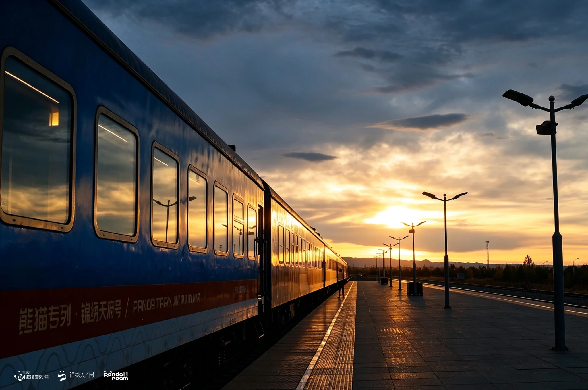 Blue Jinxiu Tianfu train beside a platform under golden light