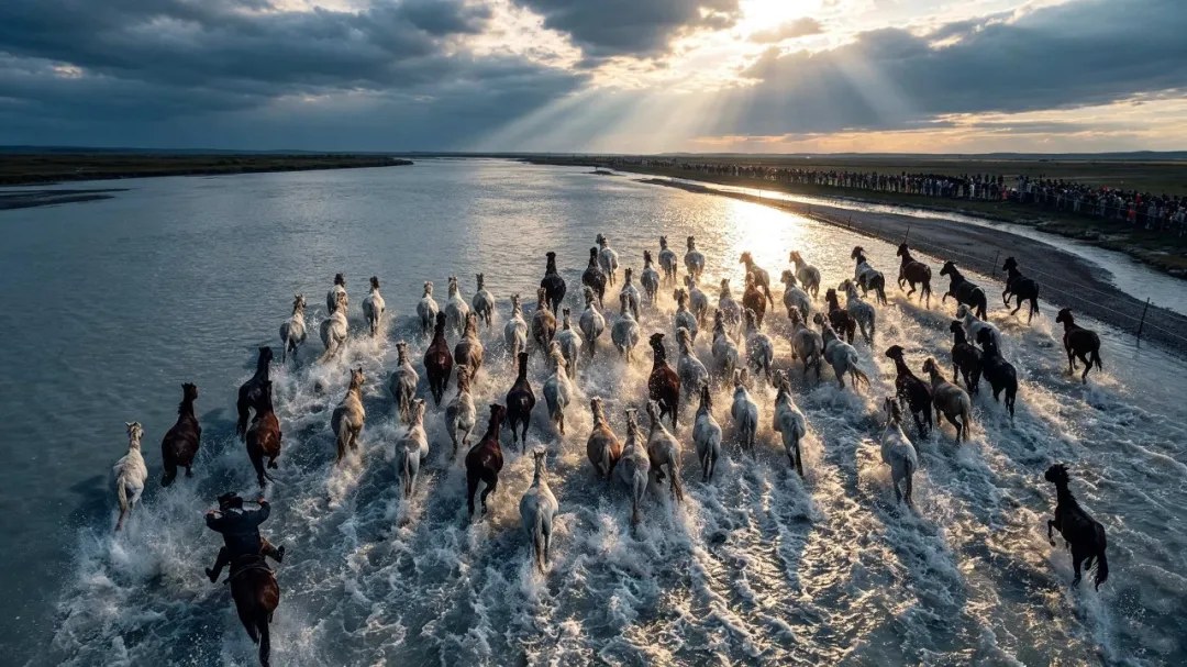 Horses crossing a river in Zhaosu