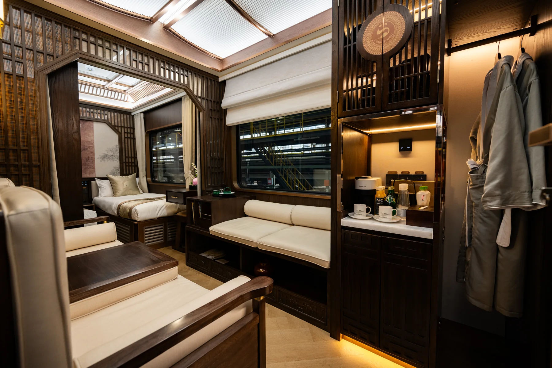 Tea table, seating and interior of a Jin-Ta cabin
