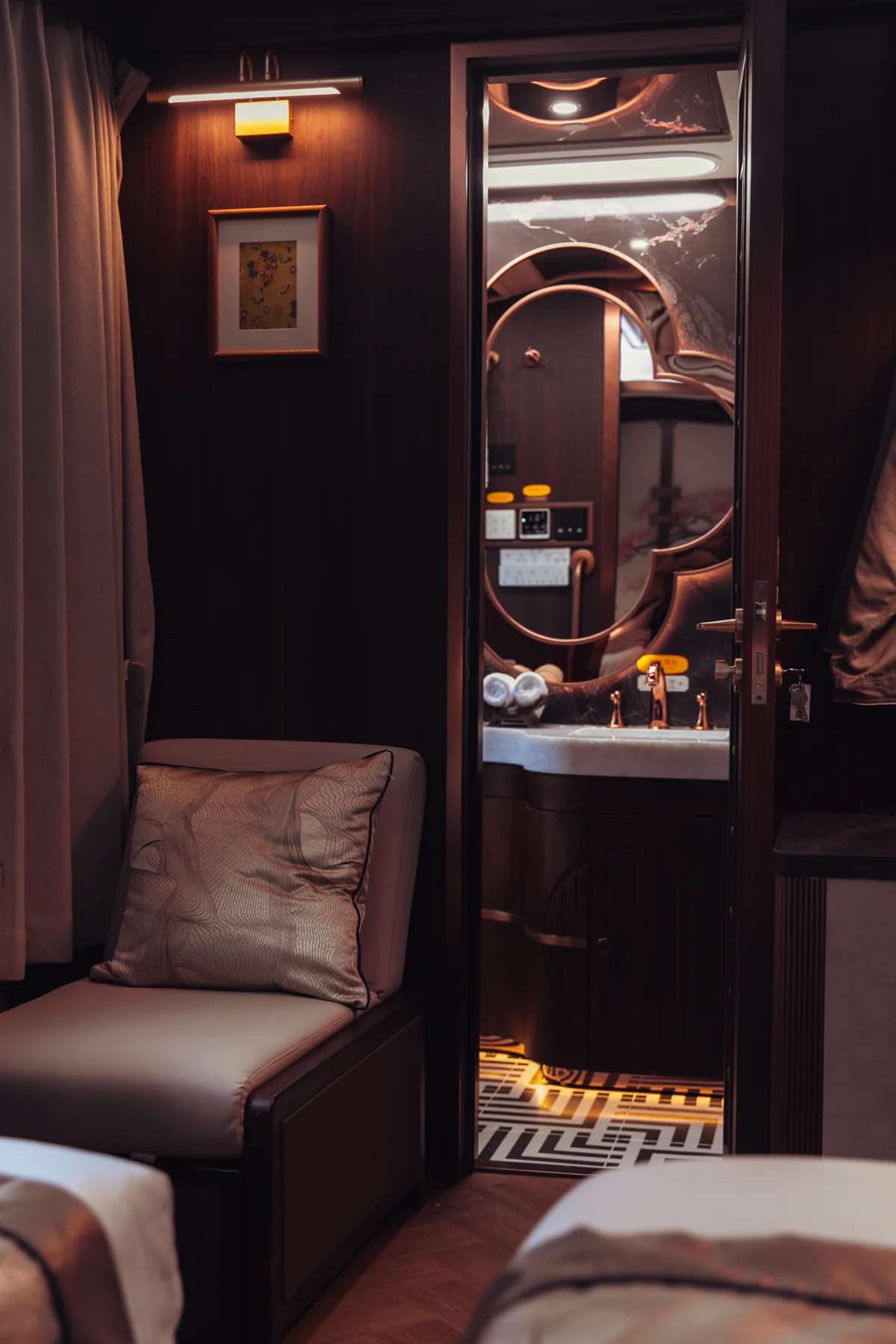The doorway and bathroom connection in a Jin-Wo cabin
